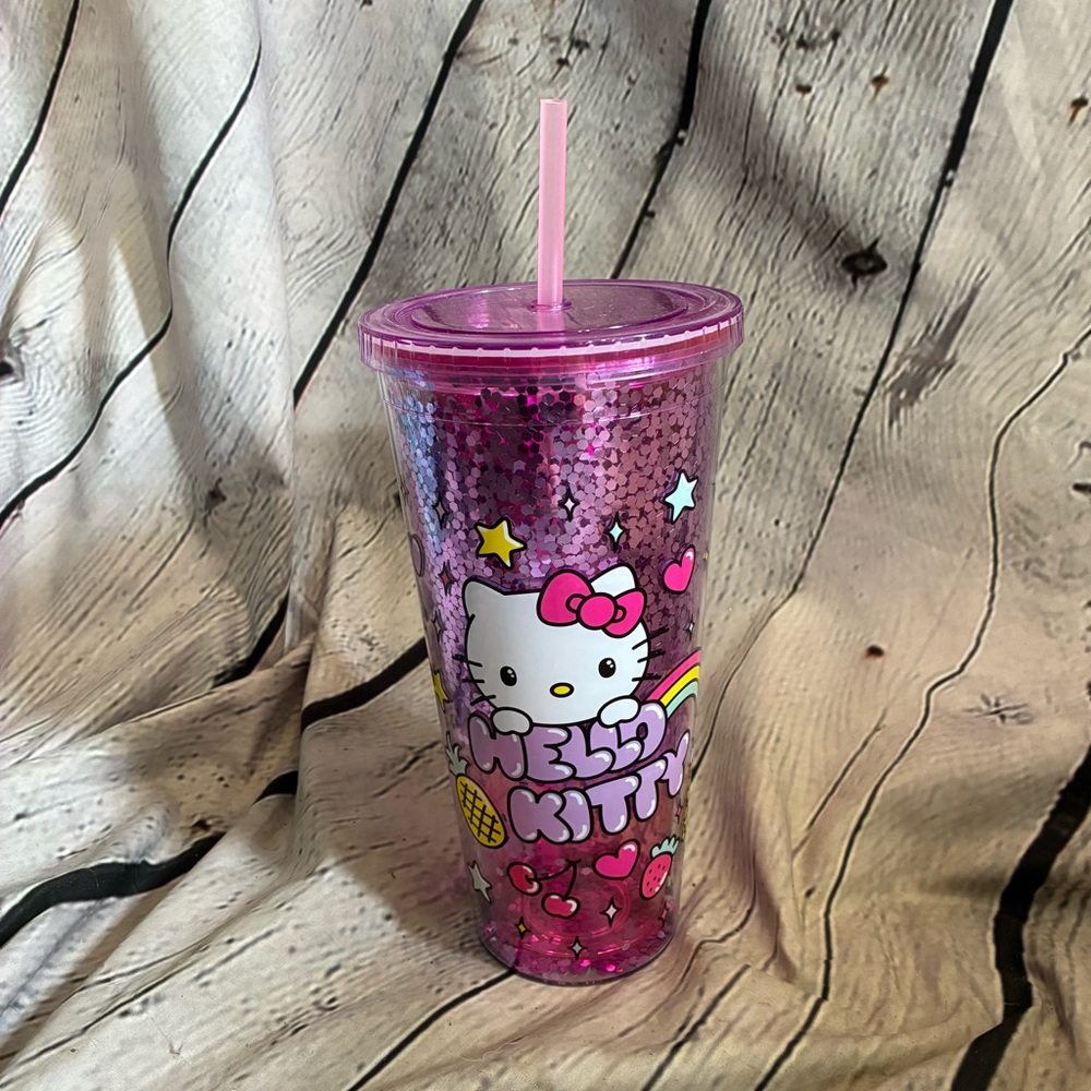 Sanrio Helloβ Kitty Pink Rainbow Confetti Glitter Carnival Cup Lid Straw Kawaii